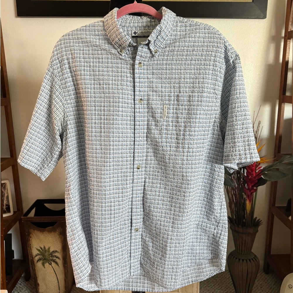COLUMBIA Men's Blue Gray Check Plaid Short Sleeve Button Down Shirt XL